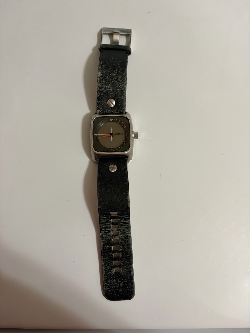 Diesel Black Leather Strap Watch with Silver Case and Olive Dial